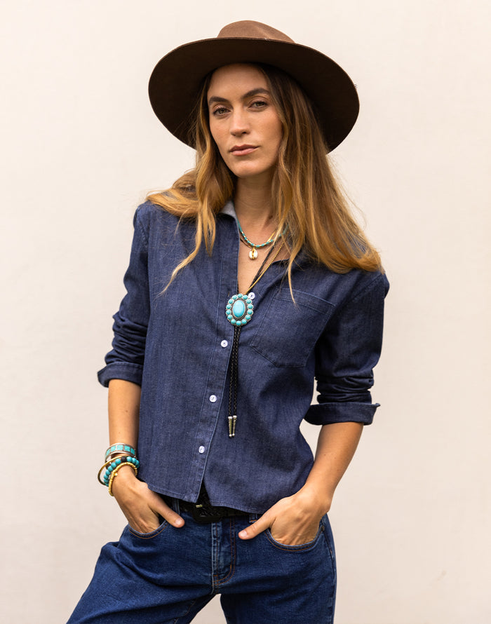 Claire Twill Shirt dark indigo relaxed button-down silhouette long sleeves shirttail hem comfort-stretch twill