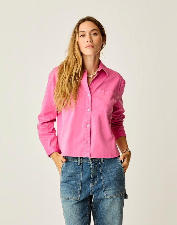 Claire Twill Shirt Hot Pink long-sleeve twill buttondown with comfort stretch and shirttail hem