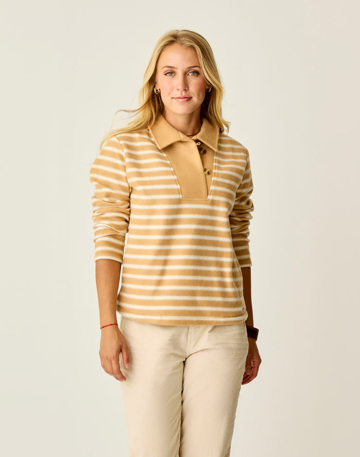 Clara Fleece Pullover: Camel Even Stripe