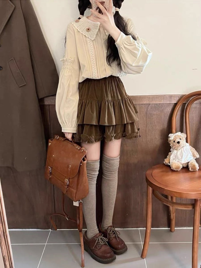♡ Corduroy Brown Cake Skirt ♡