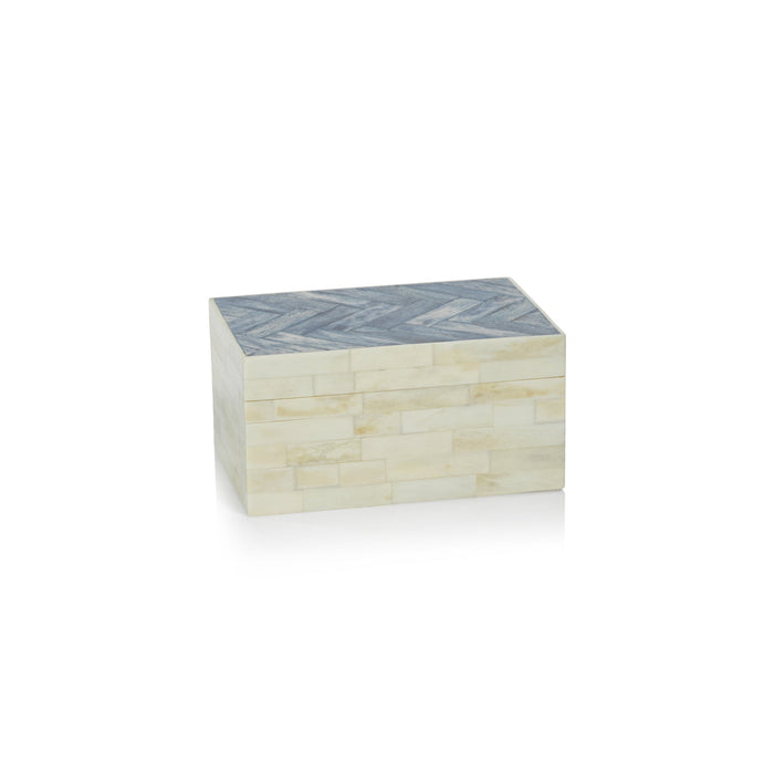 Côte d'Ivoire White Bone Box w/Blue Herringbone Pattern - Boxes by Carlyle Avenue