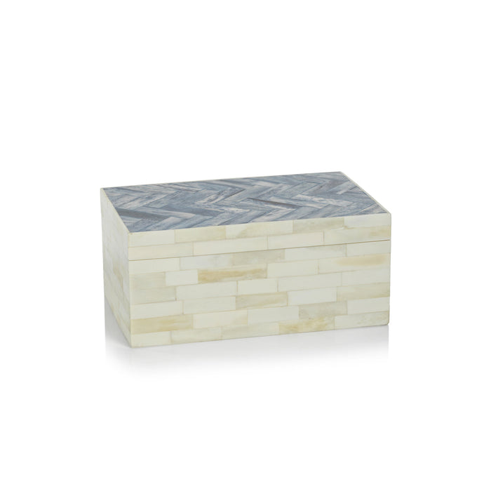 Côte d'Ivoire White Bone Box w/Blue Herringbone Pattern - Boxes by Carlyle Avenue