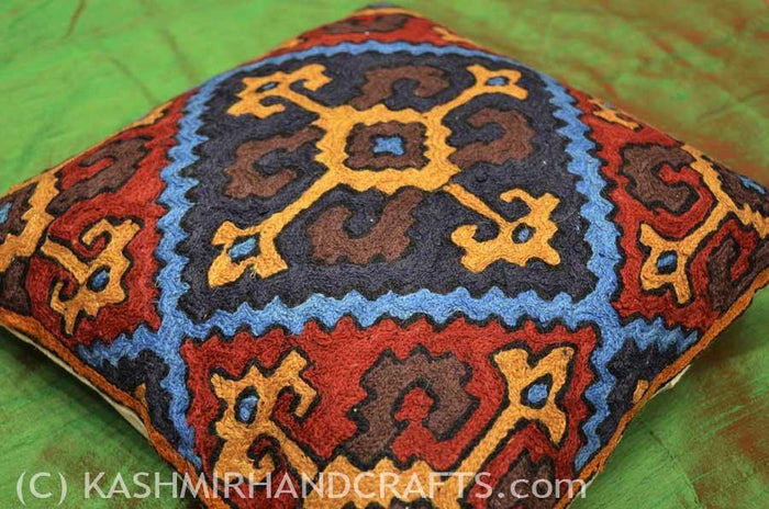 Crossroads Tribal Wool Decorative Pillow Cover HANDEMBROIDERED - Kashmir Designs