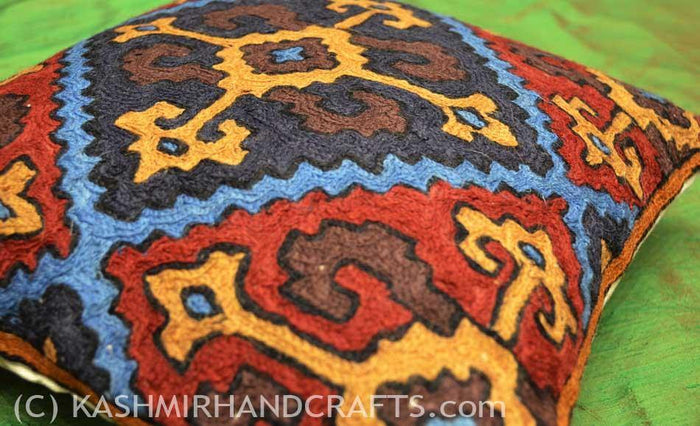 Crossroads Tribal Wool Decorative Pillow Cover HANDEMBROIDERED - Kashmir Designs