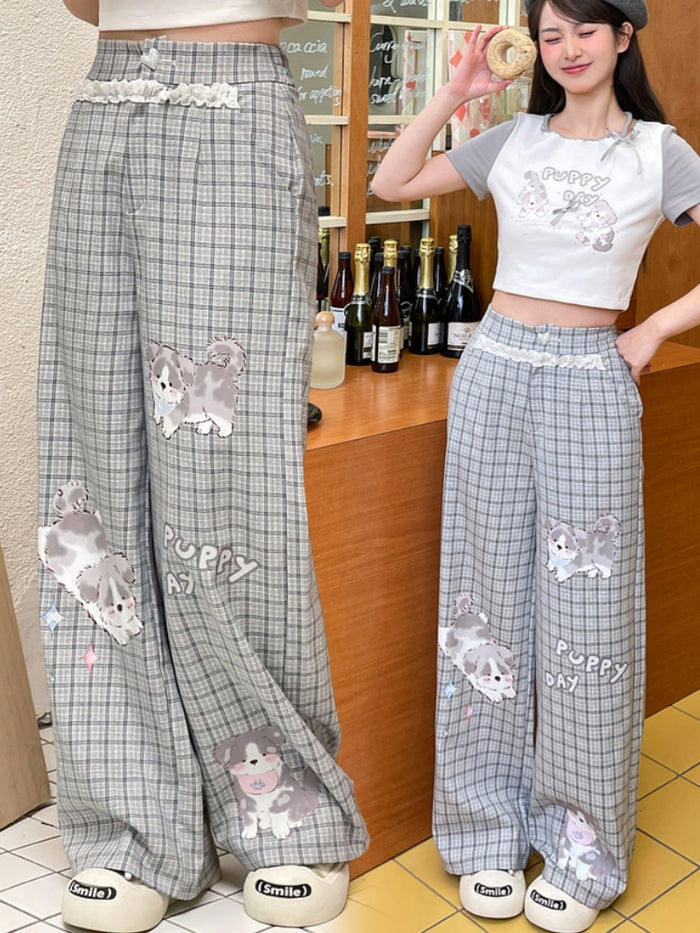 Cute Puppy Print Gray Plaid Pants