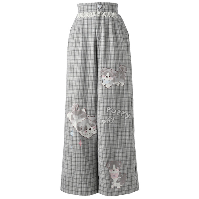 Cute Puppy Print Gray Plaid Pants