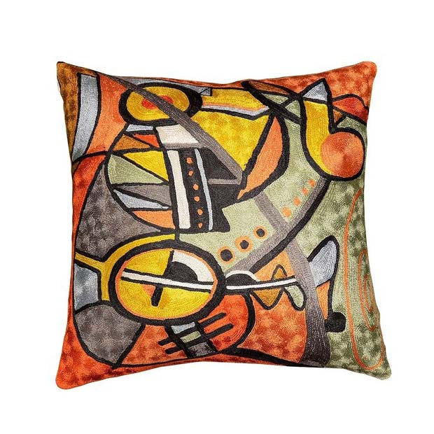 Decorative Cushion Cover Symphony II Accent Pillow Hand Embroidered 18" x 18" - KashmirDesigns