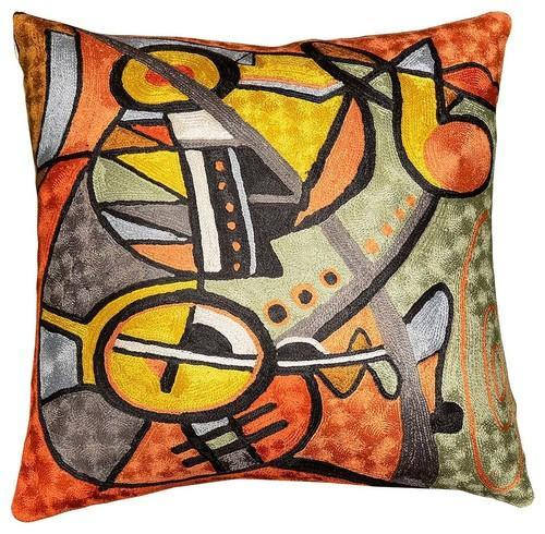 Decorative Cushion Cover Symphony II Accent Pillow Hand Embroidered 18" x 18" - KashmirDesigns