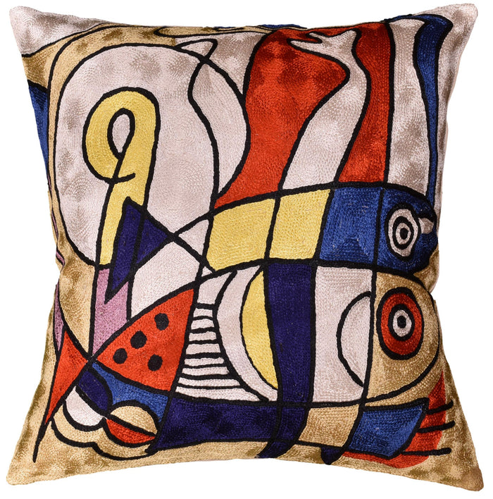 Decorative Fish Pillow Cover Abstract Design II Accent Pillows Hand Embroidered Art Silk 18x18" - KashmirDesigns