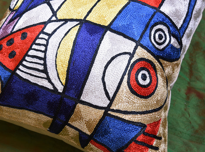 Decorative Fish Pillow Cover Abstract Design II Accent Pillows Hand Embroidered Art Silk 18x18" - KashmirDesigns