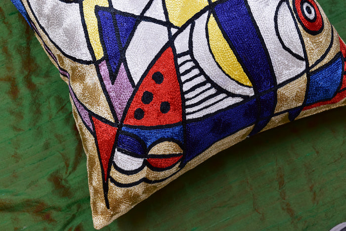Decorative Fish Pillow Cover Abstract Design II Accent Pillows Hand Embroidered Art Silk 18x18" - KashmirDesigns