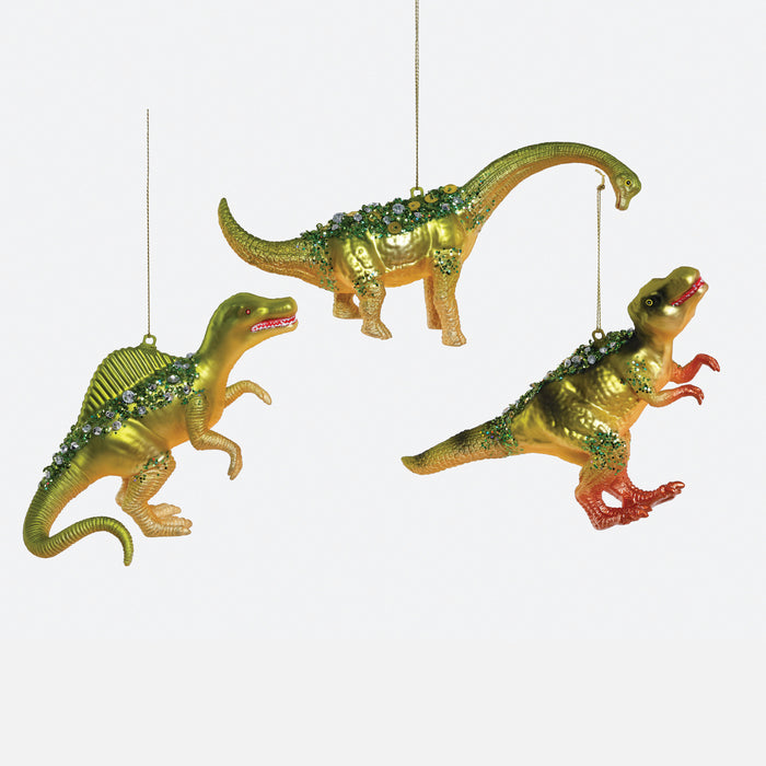 Dinosaur Glass Ornament, Set of 3 Assorted - Green and Gold