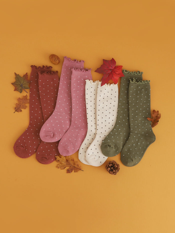 girls dottie lettuce trim knee socks in rust, old rose, vanilla and olive