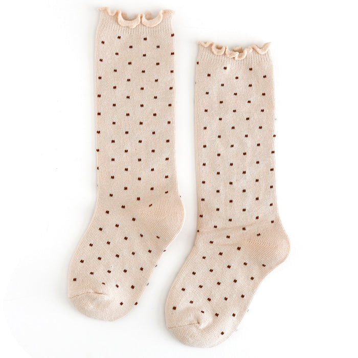 girls vanilla cream knee socks with brownie dots and lettuce trim for fall