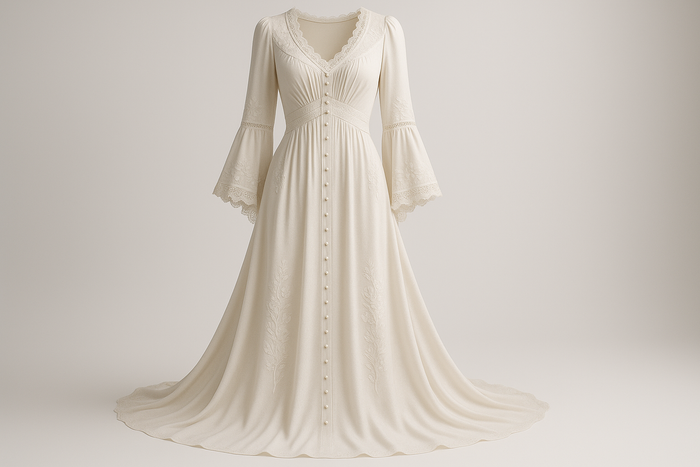 a lovely long  dress with a lot off detail for Double Knit Rayon- Off White