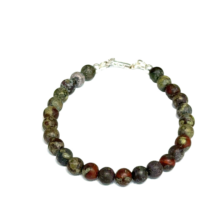 Dragon Blood Jasper gemstone beaded bracelet with sterling silver  lobster claw clasp showing red and green natural patterns  on a white background, front view.