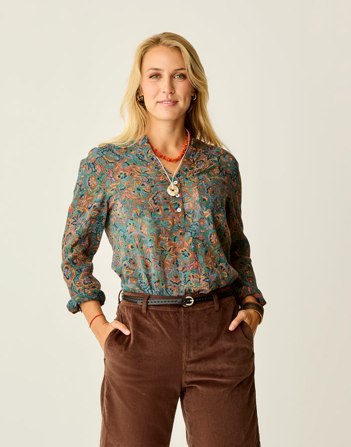Dylan Gauze Shirt Bistro Floral long-sleeve buttondown lightweight woven 100% organic cotton chest pockets roll-up tabs