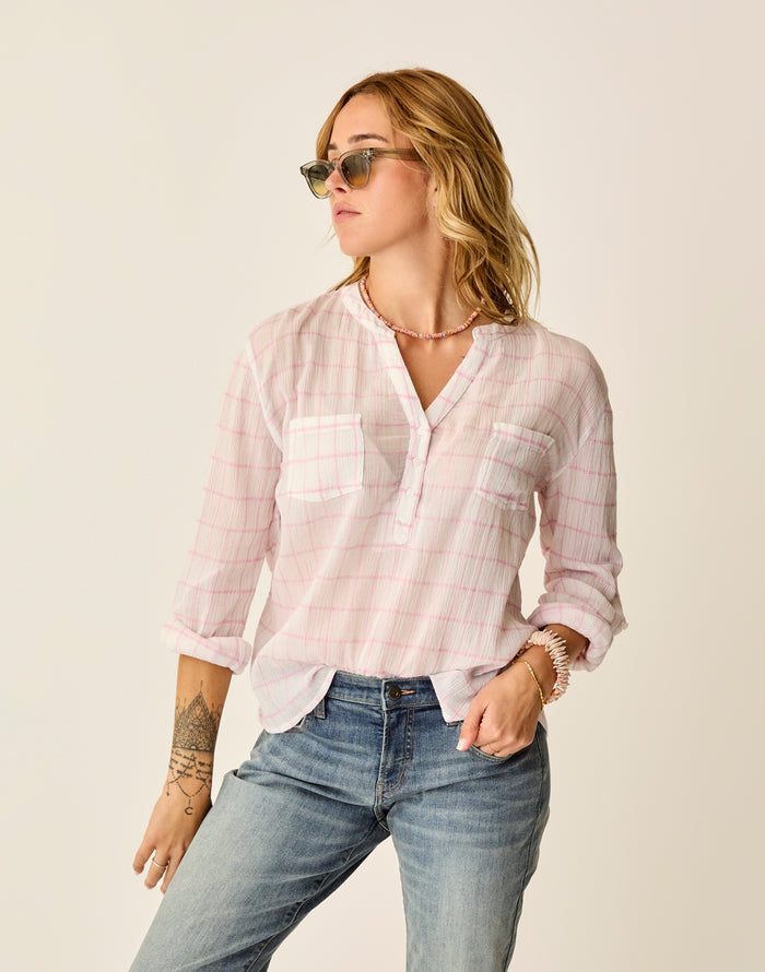 Dylan Gauze Shirt: Hot Pink Plaid - FINAL SALE