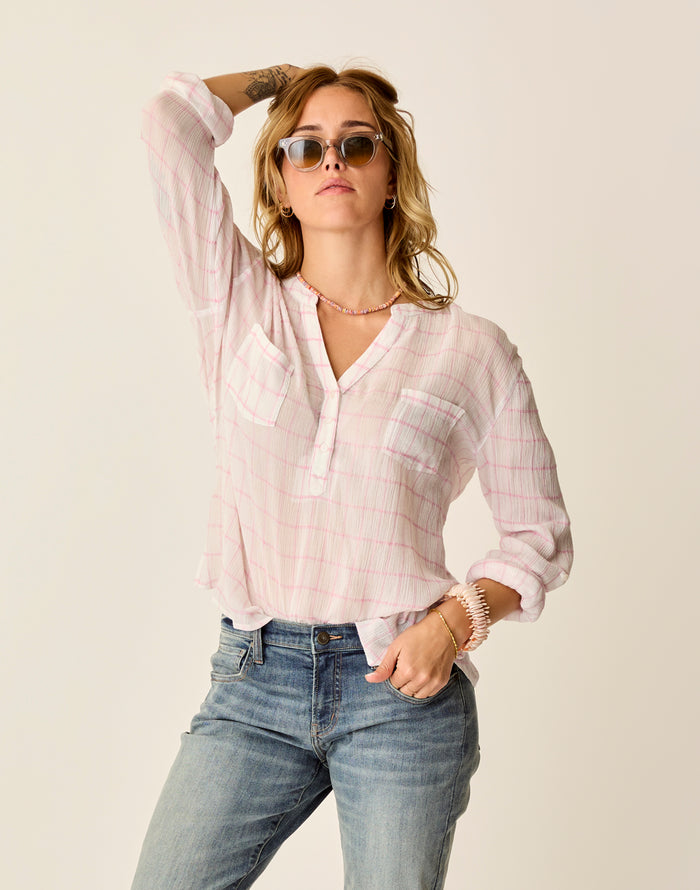 Dylan Gauze Shirt: Hot Pink Plaid - FINAL SALE