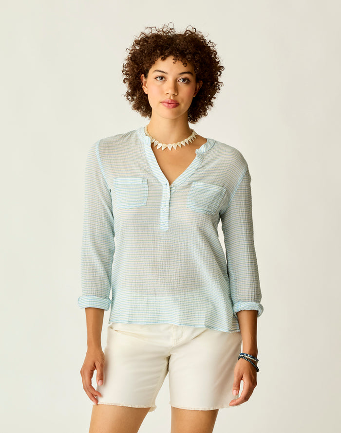 Dylan Gauze Shirt: Lagoon Stripe - FINAL SALE