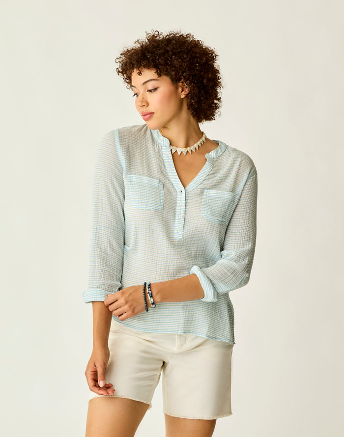 Dylan Gauze Shirt: Lagoon Stripe - FINAL SALE