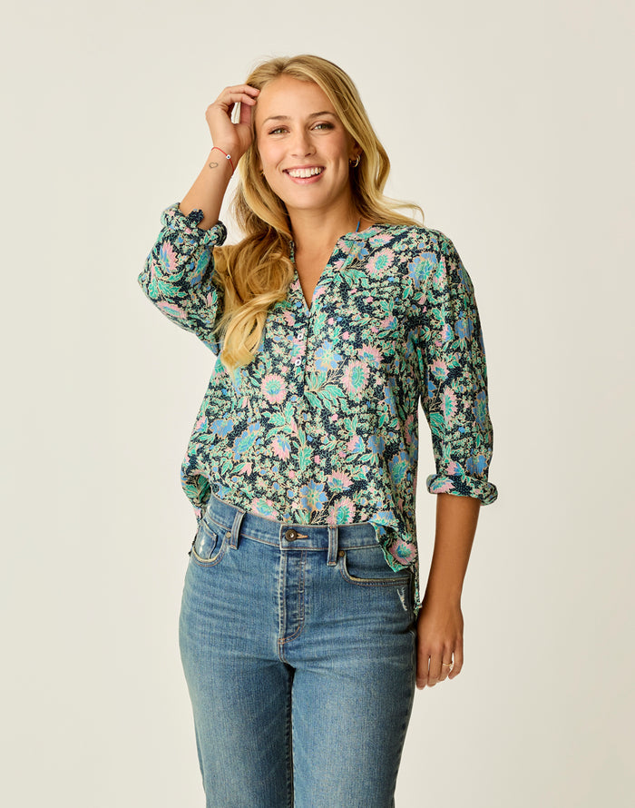 Dylan Gauze Shirt Navy Multifloral long-sleeve buttondown lightweight woven gauze cotton with chest pockets and roll-up sleeve tabs