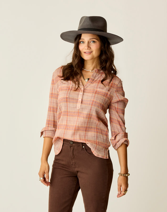 Dylan Gauze Shirt: Rosewood Plaid