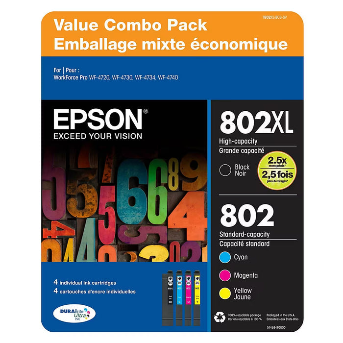 Epson T802XL Black and T802 Color Ink Cartridges, 4-Pack