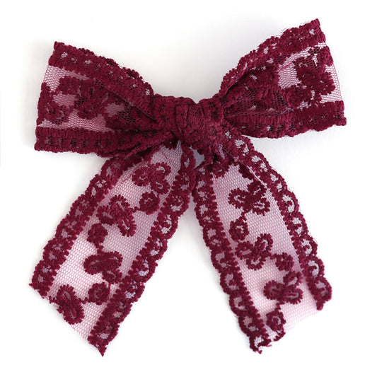 girls' burgundy lace hair bow on alligator clip for fall