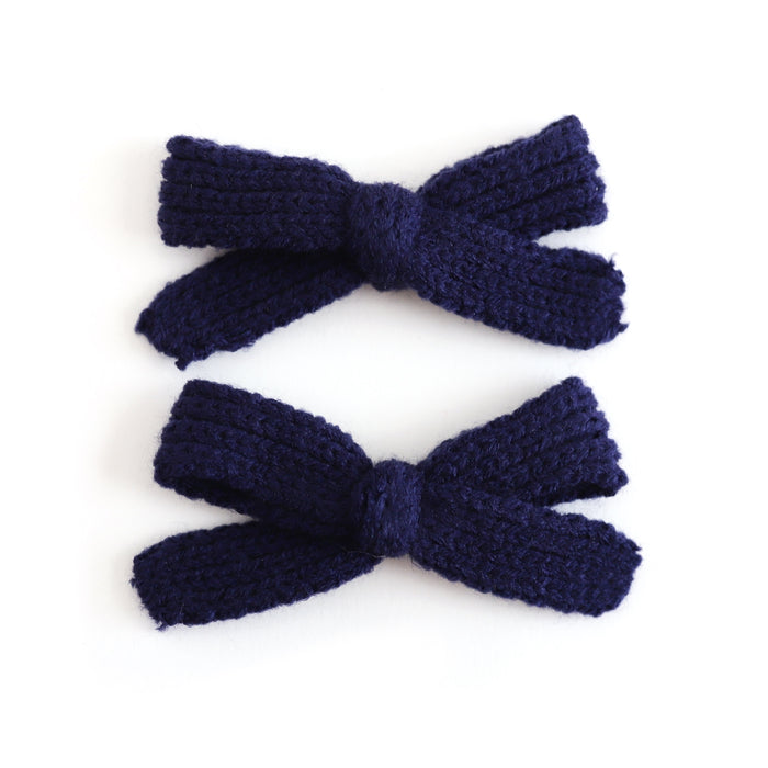 girls' navy blue yarn knit pigtail bows on clips to match school uniform