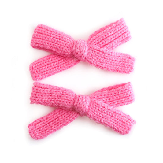 girls' pink yarn knit pigtail bows on clips