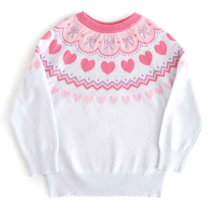 girls white knit pullover sweater with pink and purple heart and bow fair isle pattern for Valentine's Day