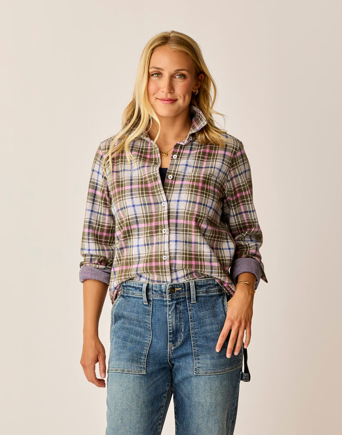 Fairbanks Supersoft Shirt Fir Plaid fleece button-front shacket with left chest pocket and shirttail hem