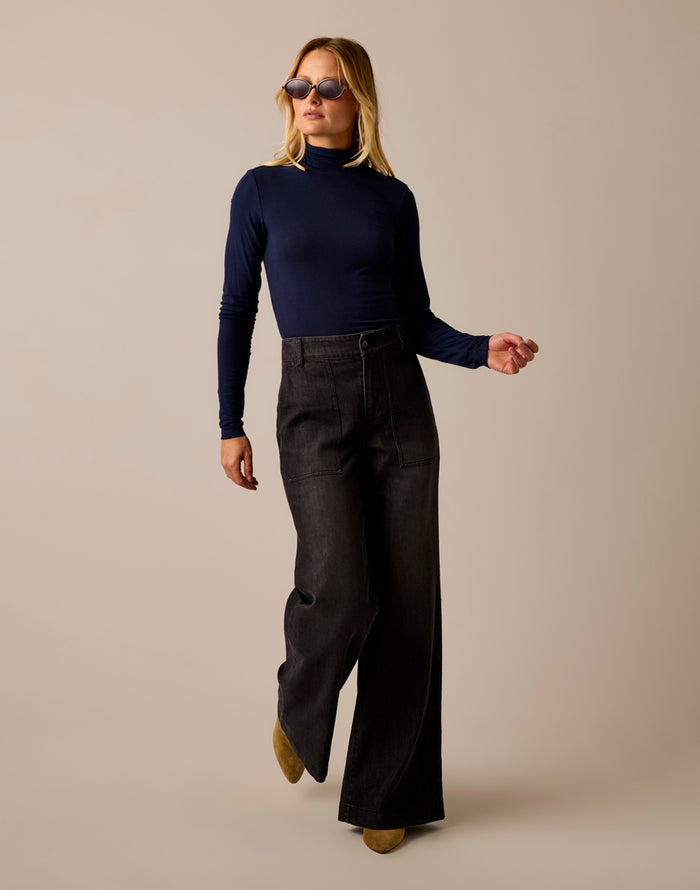 Farrah Lightweight Denim Wide Leg: Washed Black