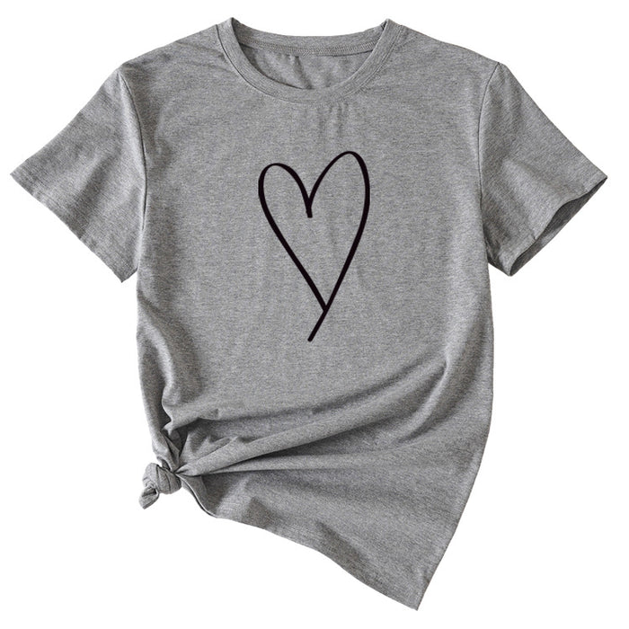Fashion Womens Blouse Simple Love Pattern Printing Casual Round Neck Short Sleeve.