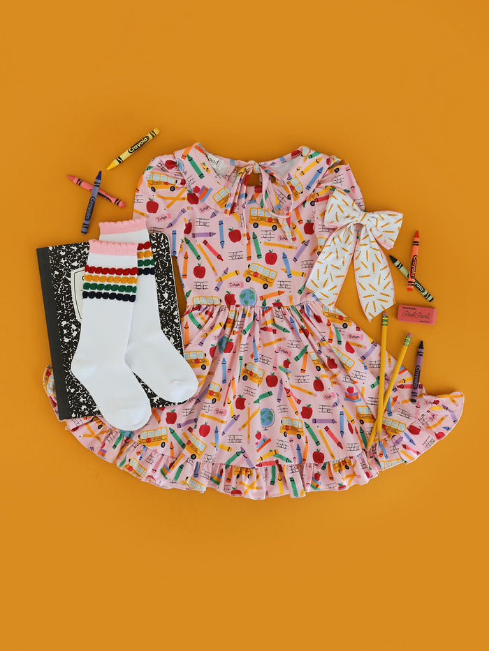 Girls back to school print dress with matching knee high socks and hair bow