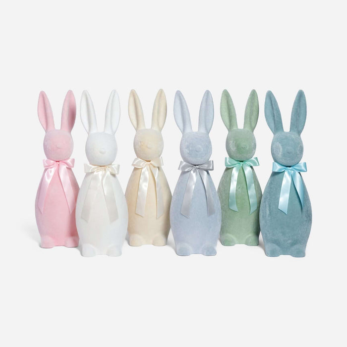 Flocked Button Nose Bunny - SINGLE set of six pastel bunnies with ribbons, perfect for Easter decor and table centerpieces.