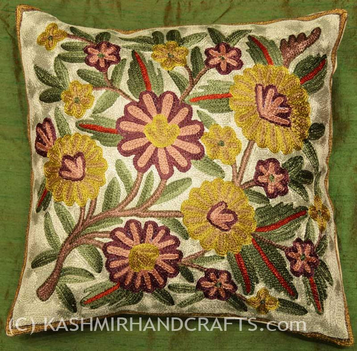 floral daisy decorative cushion cover handembroidered - Kashmir Designs