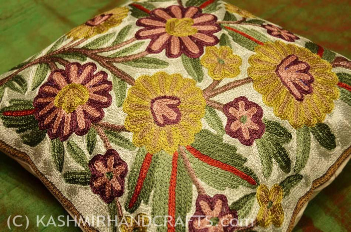 floral daisy decorative cushion cover handembroidered - Kashmir Designs