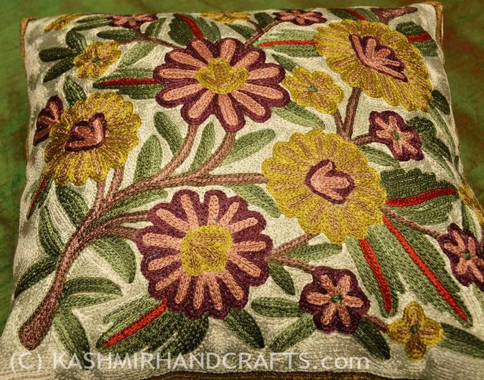 floral daisy decorative cushion cover handembroidered - Kashmir Designs