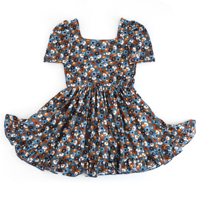girls' blue fall floral print twirl dress with square neckline, short sleeves and ruffled hem