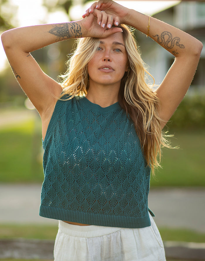Fox Sweater Nightdive cropped sleeveless knit with open diamond stitch and rib trim in blue-green Heritage Yarn organic cotton blend