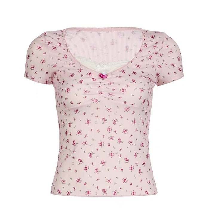 French Floral Fake Two-piece Top