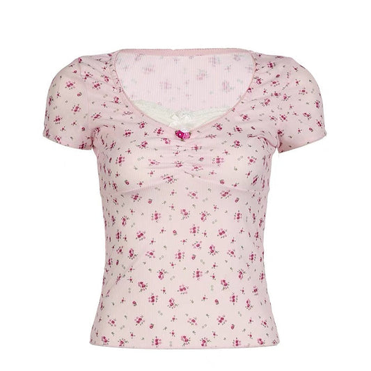 French Floral Fake Two-piece Top