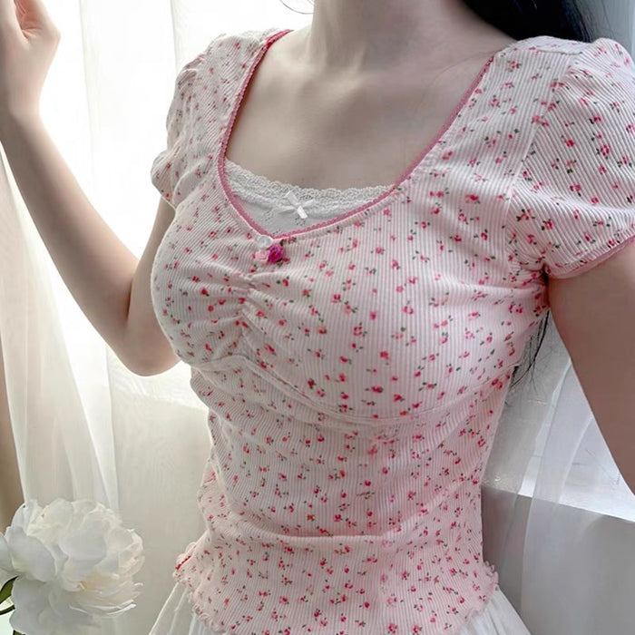 French Floral Fake Two-piece Top