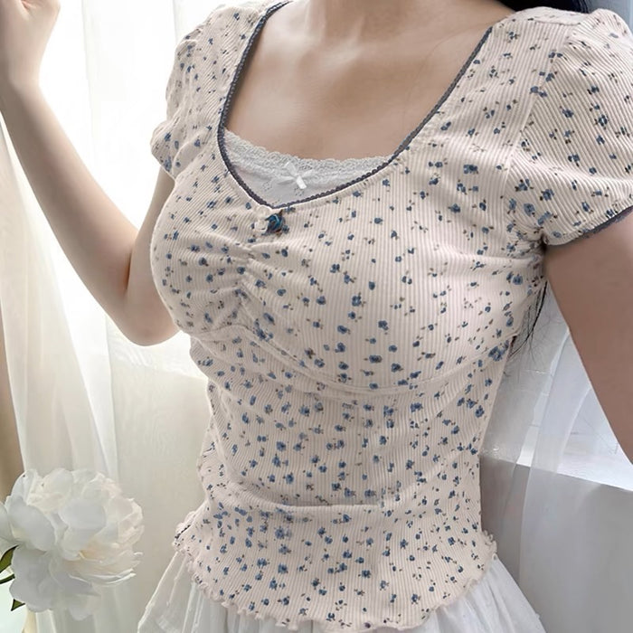 French Floral Fake Two-piece Top