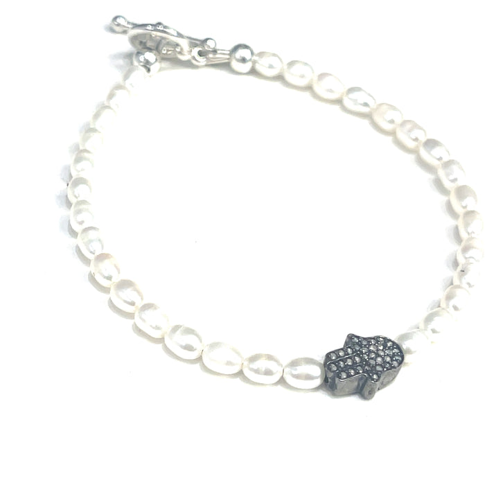 Fresh Water Pearl Diamond paved Humza charm bracelet, jewelry
