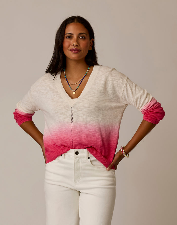 Georgie Sweater watermelon dip dye linen-organic cotton deep V-neck drop shoulder pointelle stitch detail