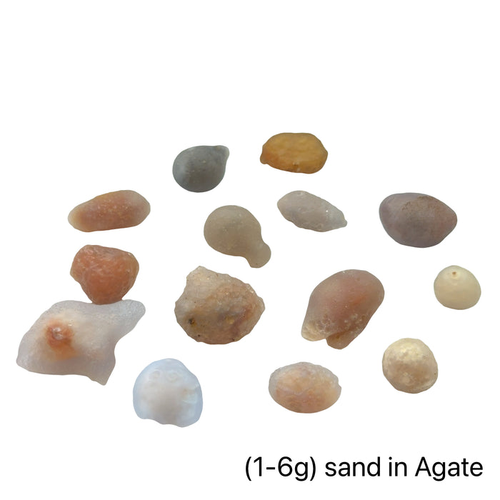 Ethically sourced Gobi agate specimen for emotional resilience and stability, on a white background, front overview. (1-6) Gobi Deserts Agate with sand in them.