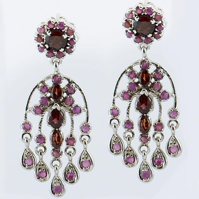 Hamsa Garnet Sterling Silver Earrings Chandelier Design - Kashmir Designs